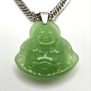 Jade Jadeite BUDDHA Necklace Silver Tone Chain Unisex